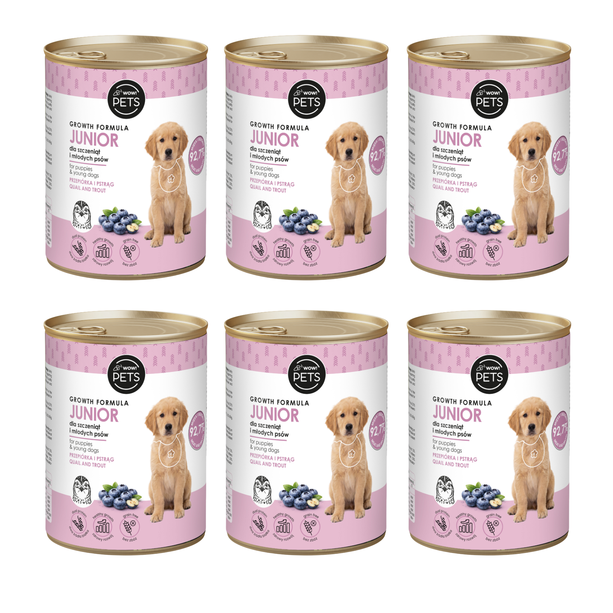 Zestaw karm mokrych dla psów Puppy & Junior Przepiórka z pstrągiem 400 g - 6 sztuk